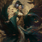 Opulent artwork featuring a woman in teal and gold gown with peacock motifs