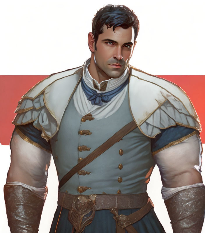 Fantasy character illustration in regal blue attire with muscular build