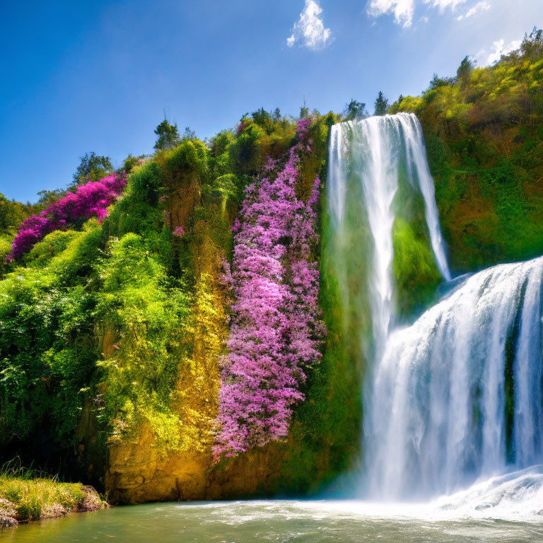 Majestic waterfall surrounded by vibrant flora under blue sky