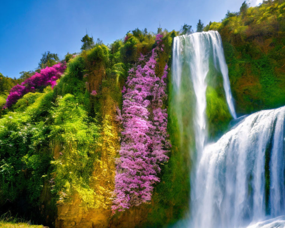 Majestic waterfall surrounded by vibrant flora under blue sky