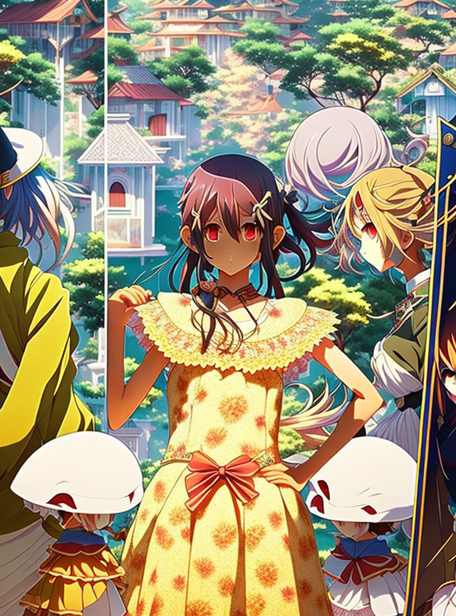 Anime characters in picturesque town with girl in yellow dress