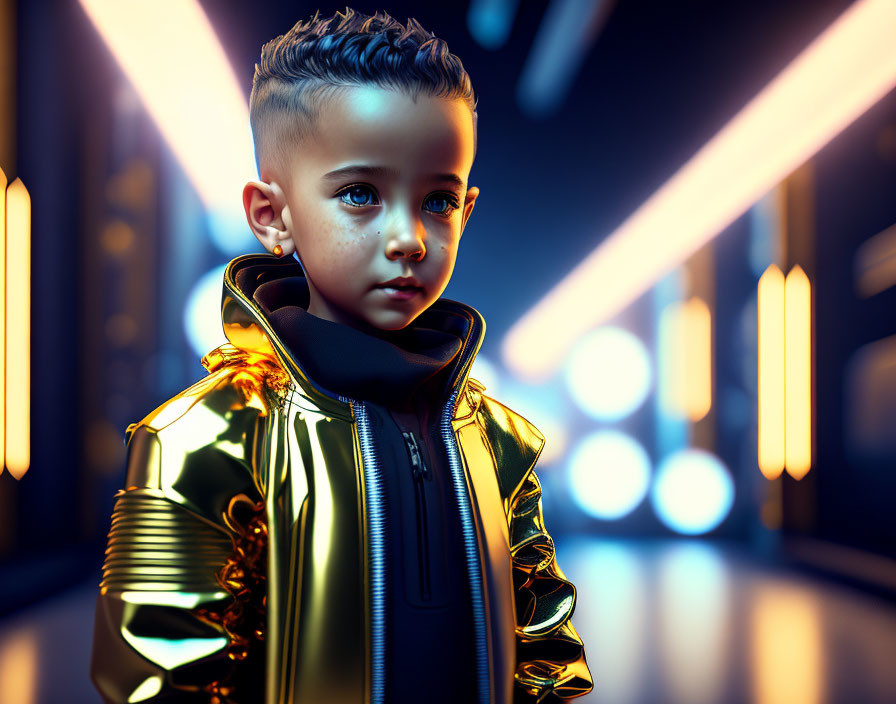 Child with Mohawk Hairdo in Futuristic Gold Jacket in Neon-Lit Corridor