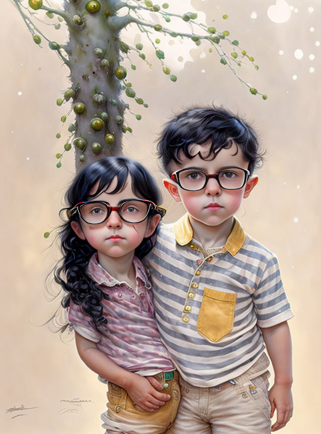 Whimsical illustration: two children with oversized glasses under a tree with green berries