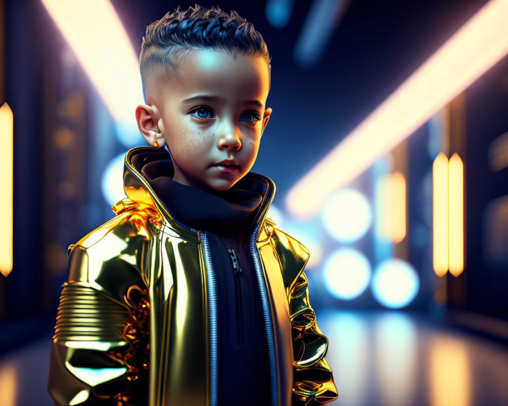 Child with Mohawk Hairdo in Futuristic Gold Jacket in Neon-Lit Corridor