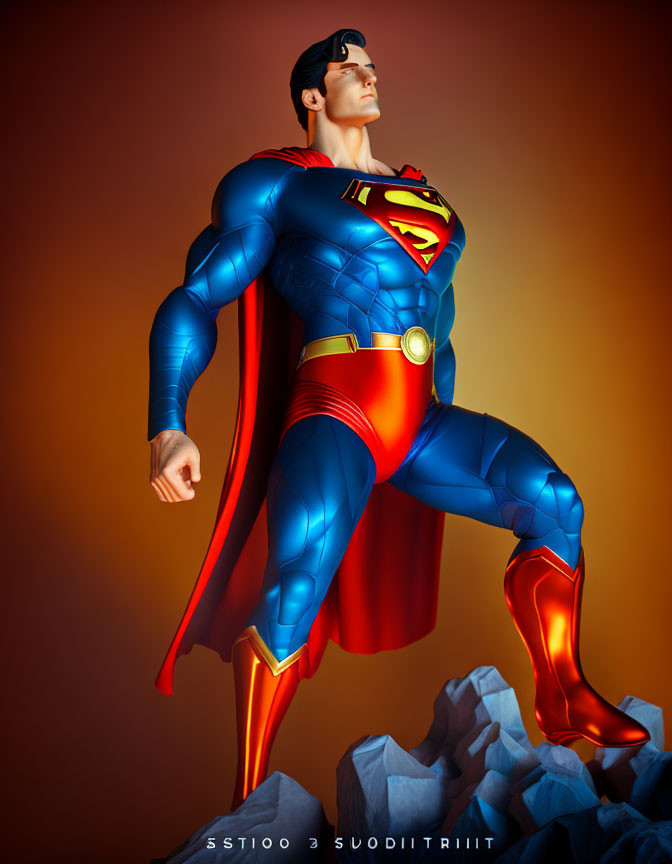 Superman figurine in red and blue suit with cape on orange backdrop