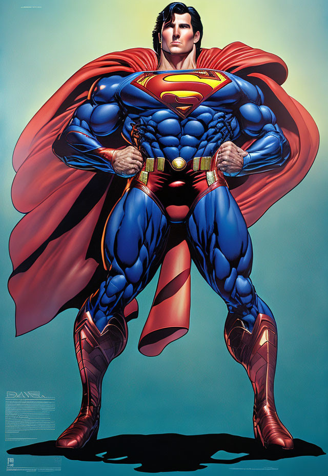 Muscular superhero in blue and red costume with cape and crest on chest.