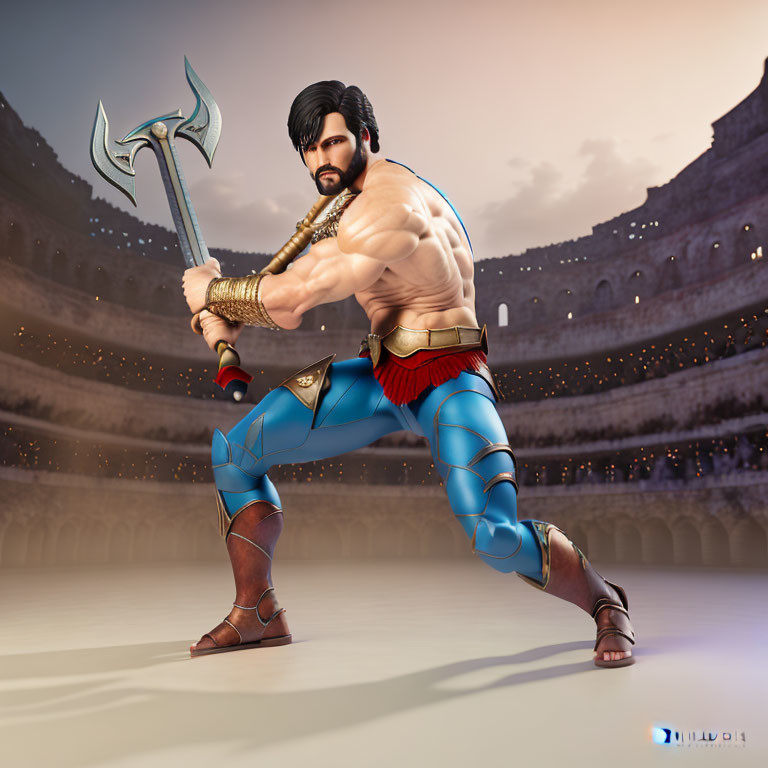 Muscular bearded warrior in gladiator arena with battle axe and blue-gold armor