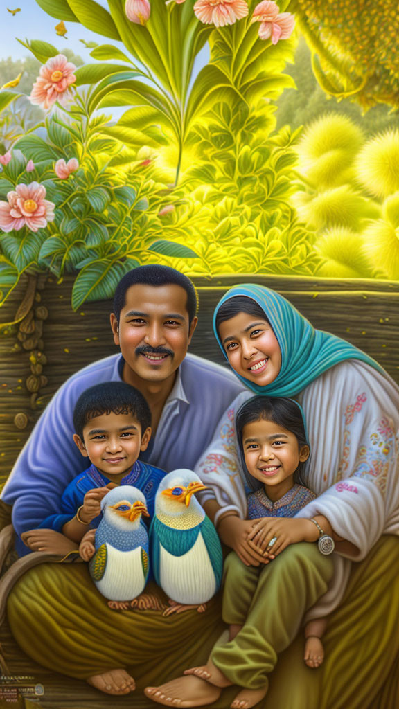 Family of Four with Owl Plushies on Wooden Bench in Lush Garden