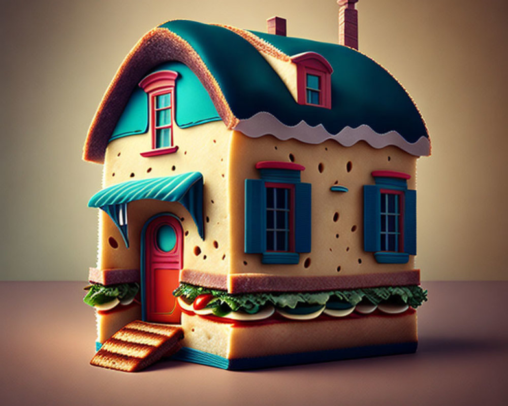 Whimsical sandwich house illustration with layered ingredients