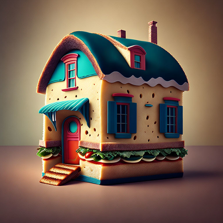 Whimsical sandwich house illustration with layered ingredients