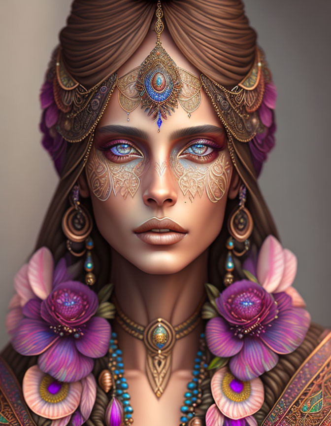 Detailed Digital Portrait of Woman with Ornate Jewelry, Henna Tattoos, and Purple Flowers