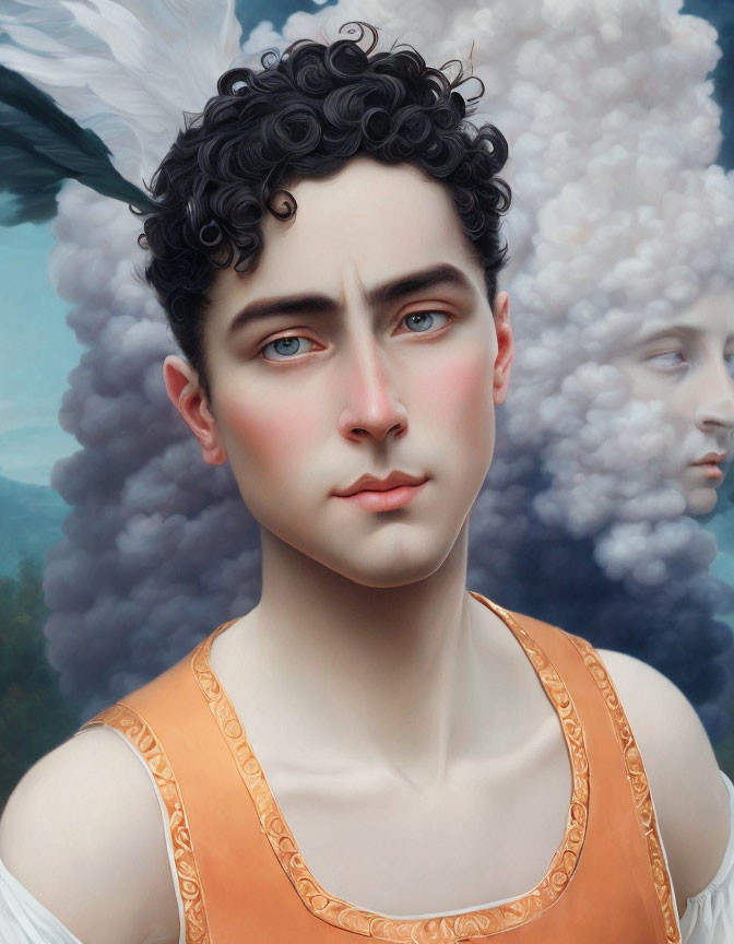 Hyperrealistic Painting of Young Person with Curly Black Hair and Blue Eyes in Orange Tank Top with