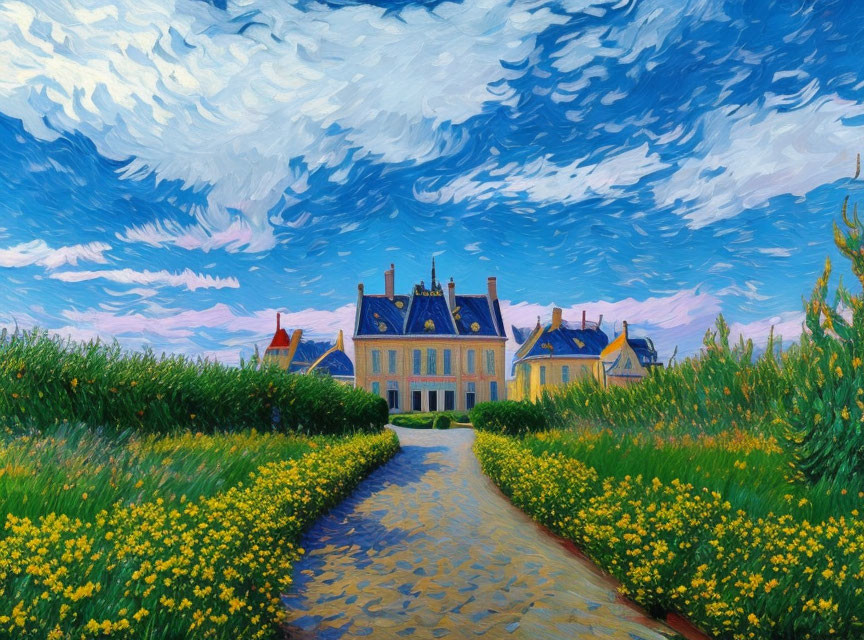 Impressionist-style painting of grand house with yellow path, lush greenery, dynamic blue sky