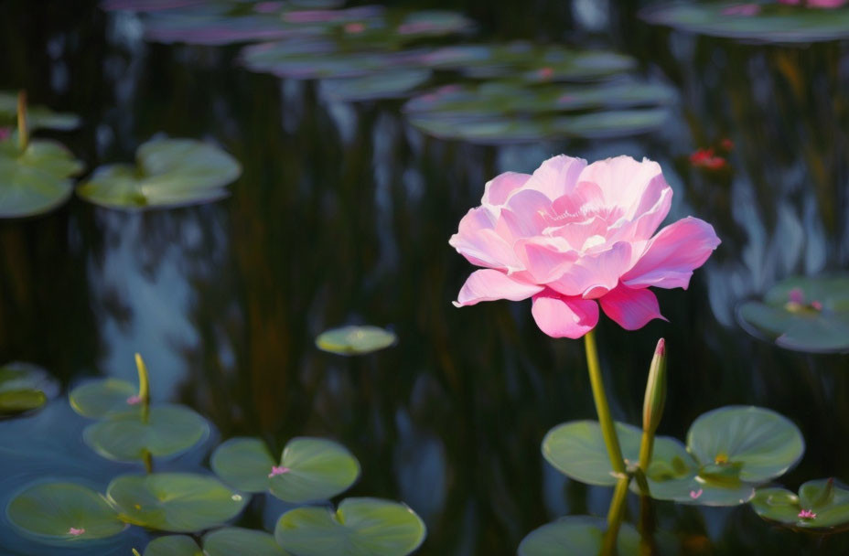 Pink Lotus Flower Blooming on Serene Pond with Lily Pads