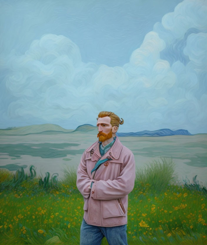 Bearded man standing in field of flowers under cloudy sky