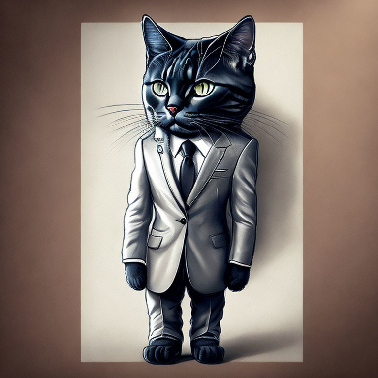 Elegant Grey Suit Anthropomorphic Cat Standing Upright