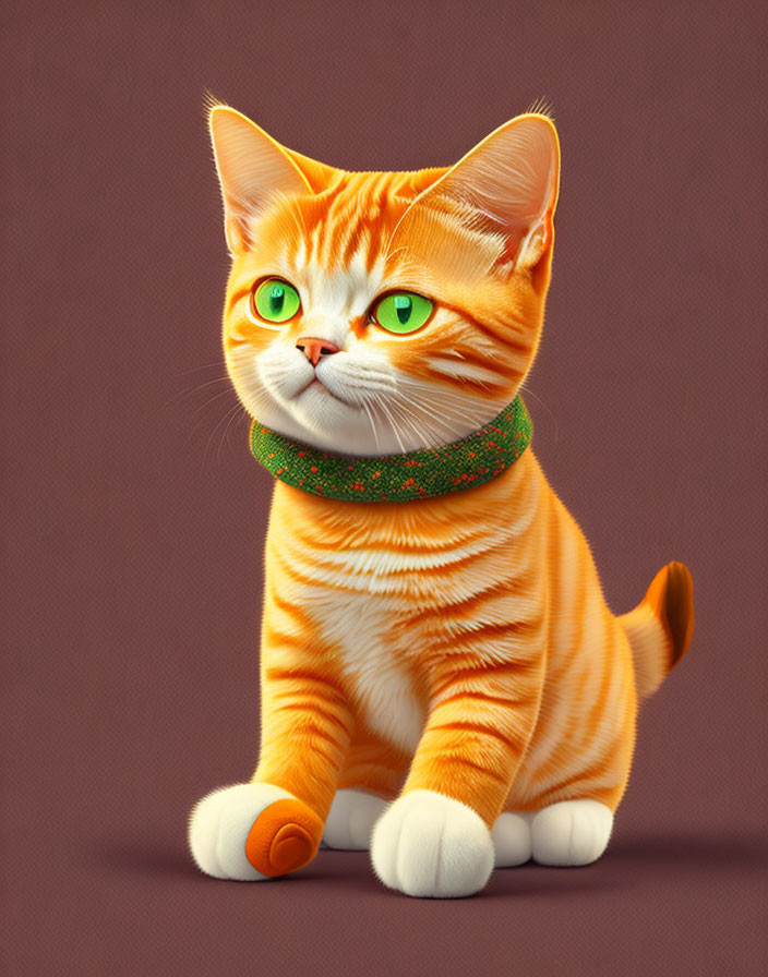 Orange Tabby Cat with Green Eyes and Collar in Digital Art Sitting on Purple Background