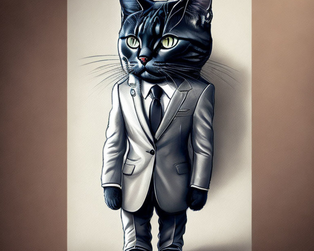 Elegant Grey Suit Anthropomorphic Cat Standing Upright