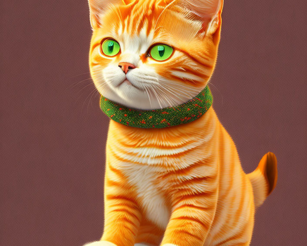 Orange Tabby Cat with Green Eyes and Collar in Digital Art Sitting on Purple Background