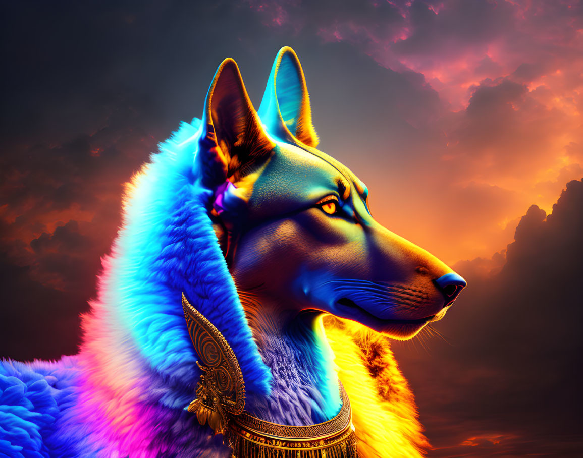 Colorful Digital Artwork: Egyptian Anubis Figure in Sunset Sky