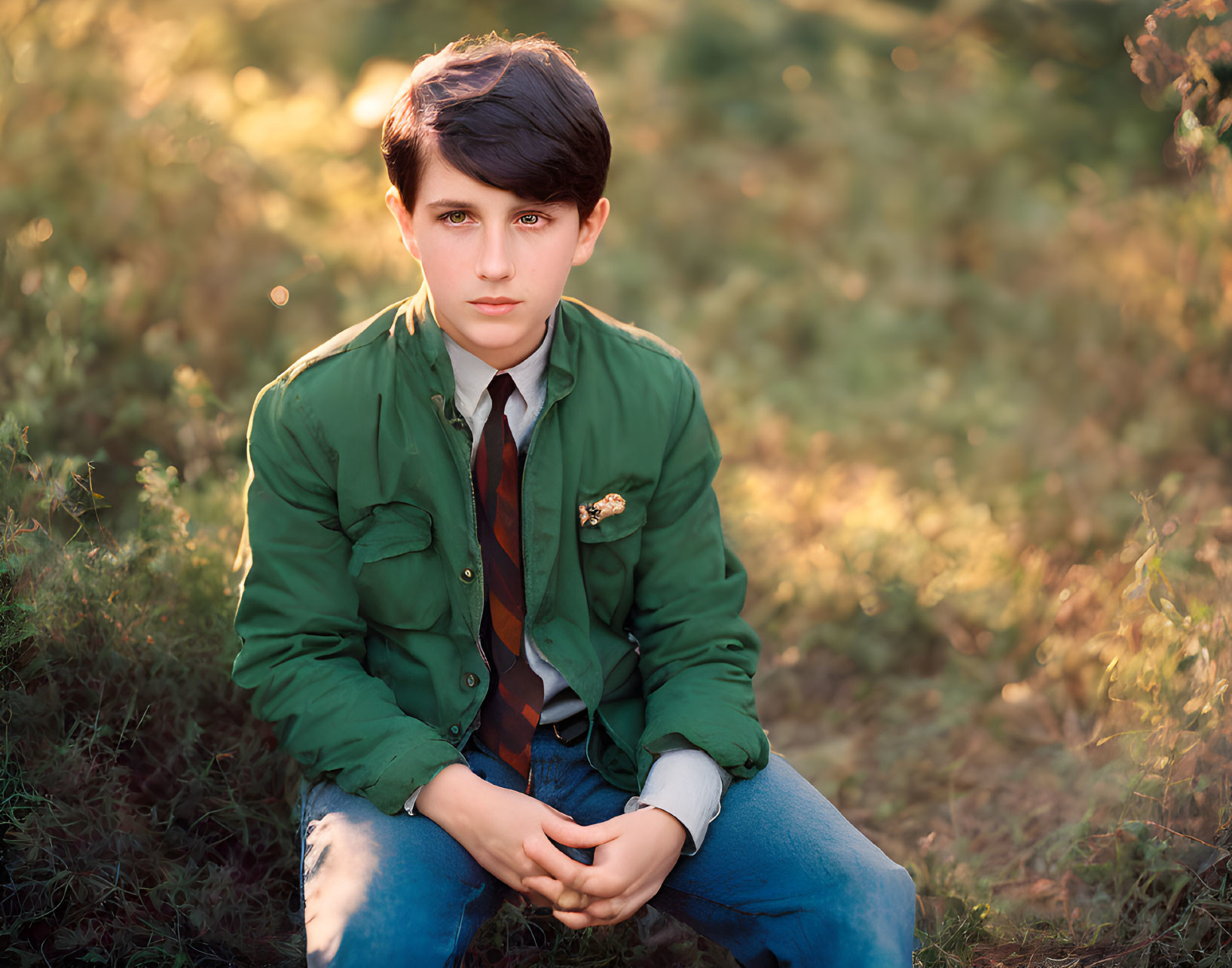 Young boy in green jacket sitting in field with sunlight filtering through foliage