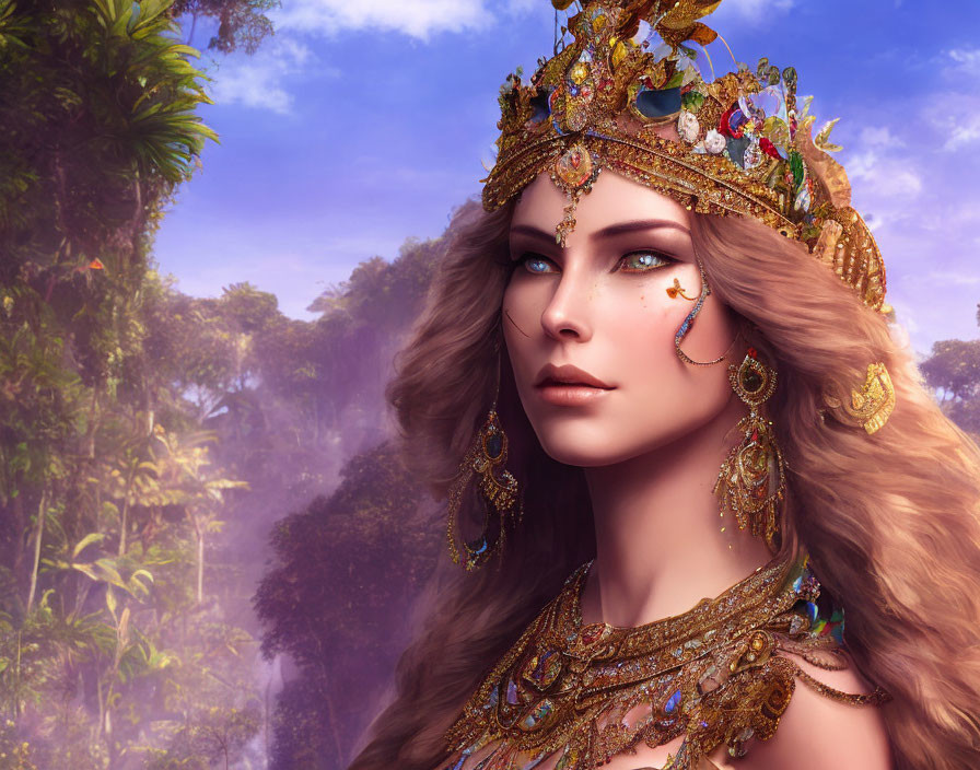 Digital artwork: Woman with golden headdress, wavy hair, forest background