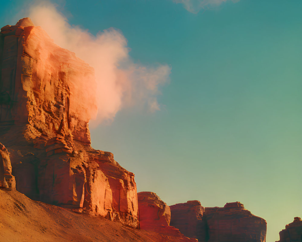 Majestic red sandstone rock formation under sunset sky