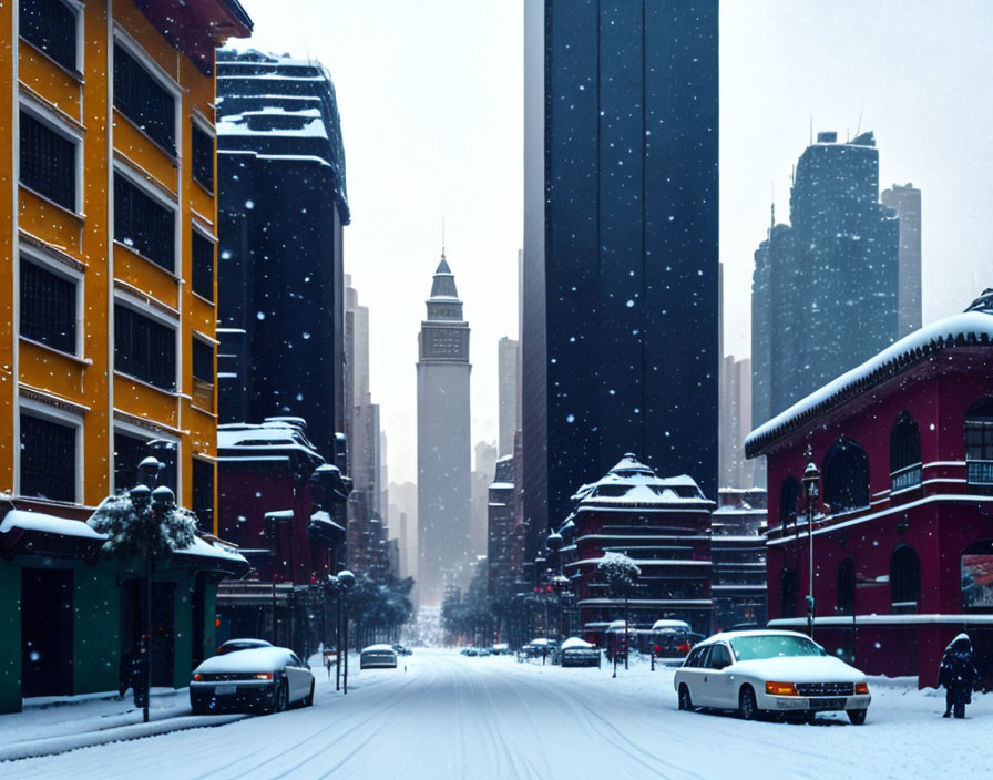 Snow-covered urban scene with modern and traditional buildings, pedestrians, and cars in a snowfall