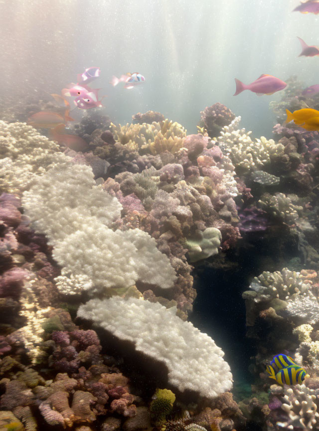 Vibrant coral reefs with colorful fish and light rays underwater