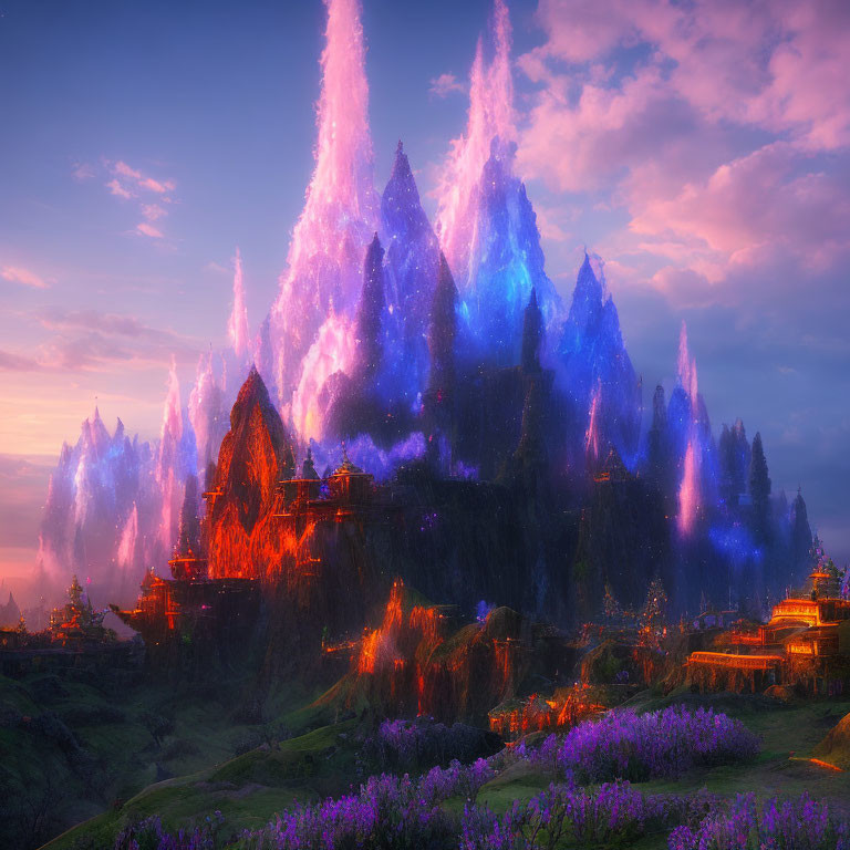 Glowing crystal mountains in purple sky with ancient buildings at twilight