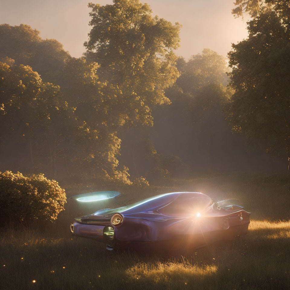 Vintage car parked in forest clearing with glowing disc above