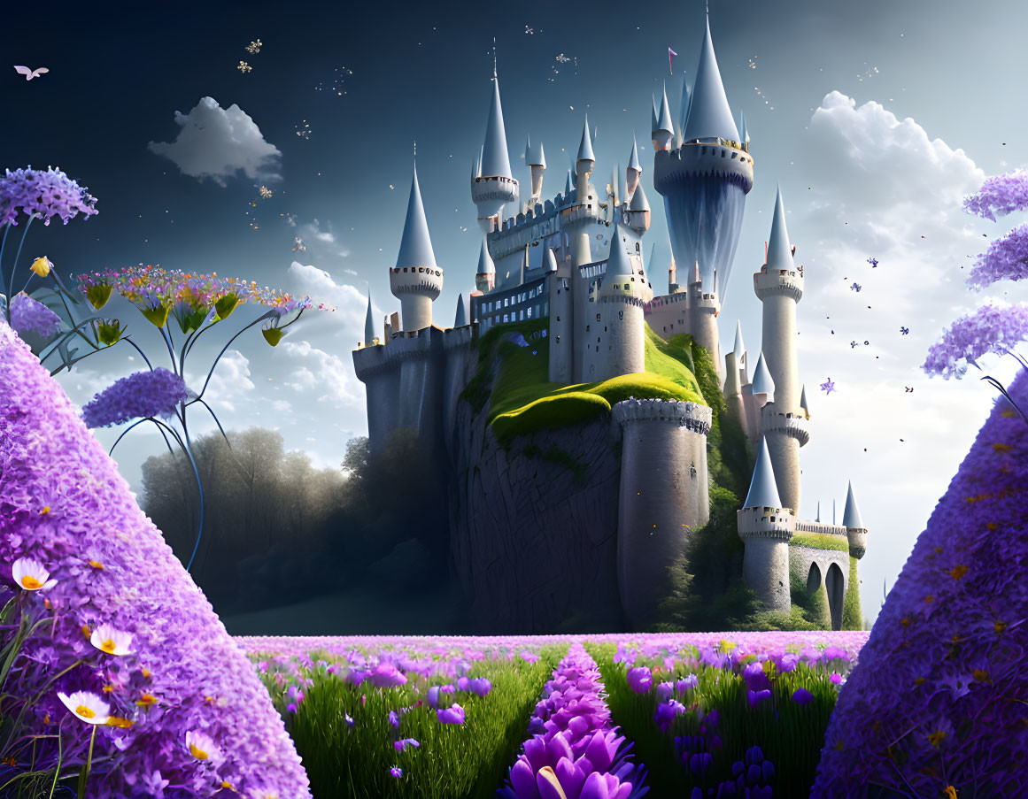 Enchanting fairytale castle on cliff with purple flowers, floating islands, and butterflies