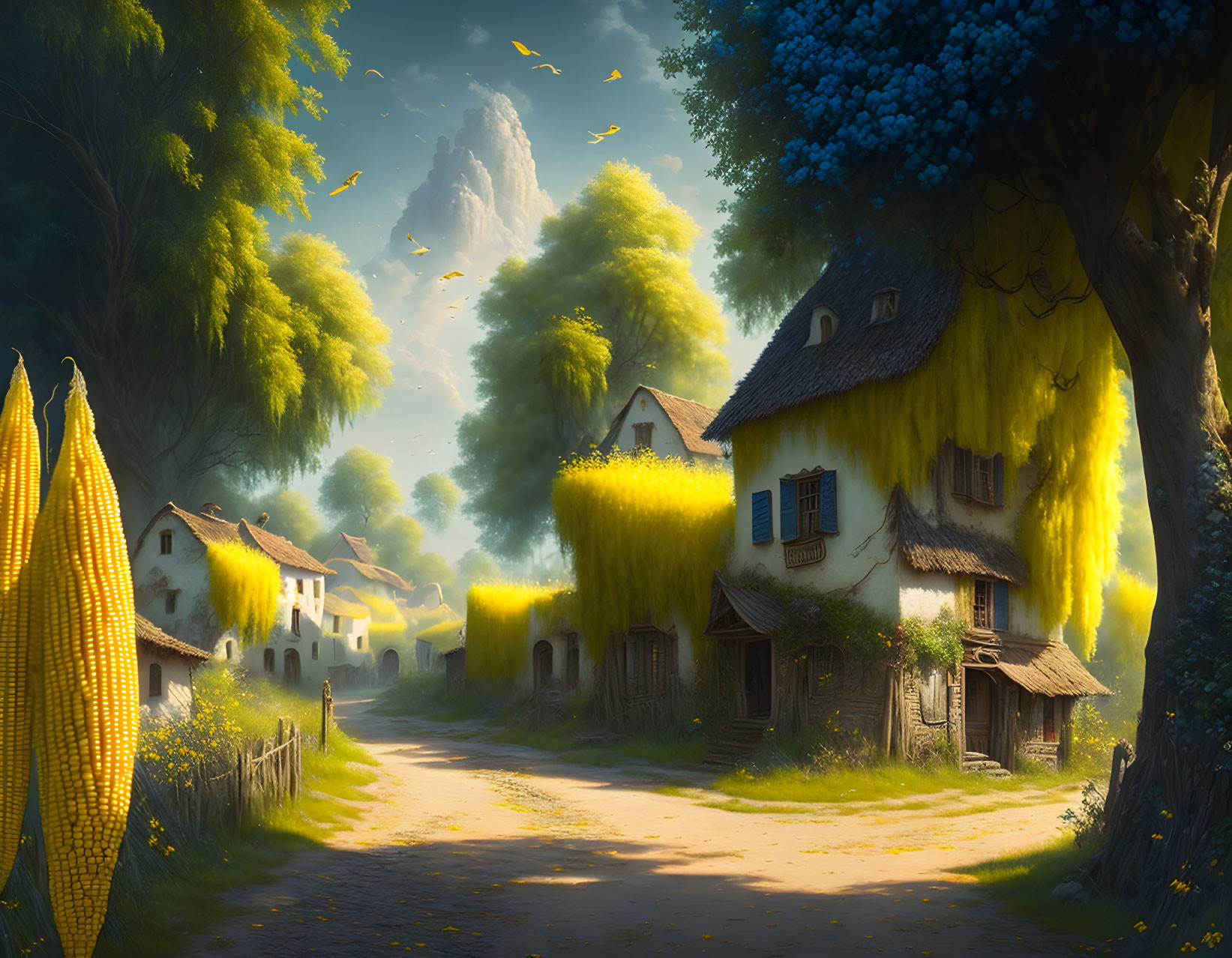 Tranquil village landscape with vibrant greenery and sunlit path