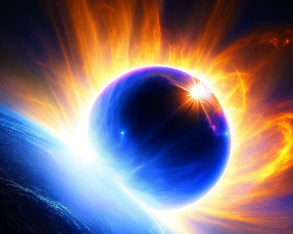 Vibrant digital artwork of fiery planet with star in cosmos