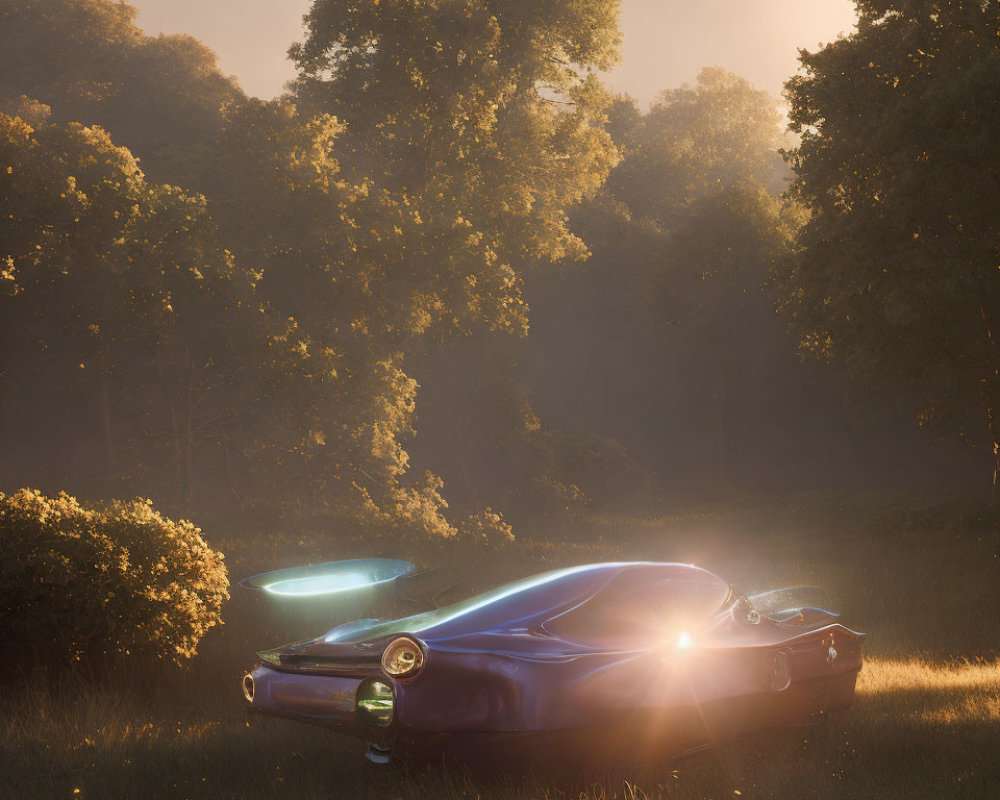 Vintage car parked in forest clearing with glowing disc above