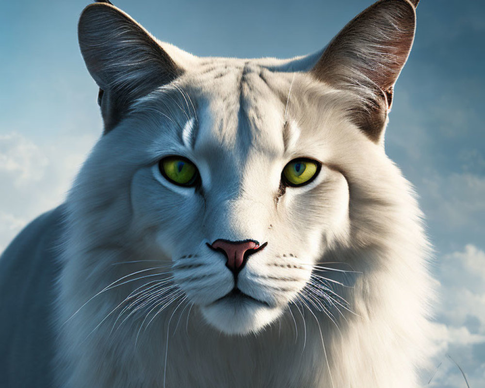 Realistic CGI Cat with Green Eyes on Blue Sky