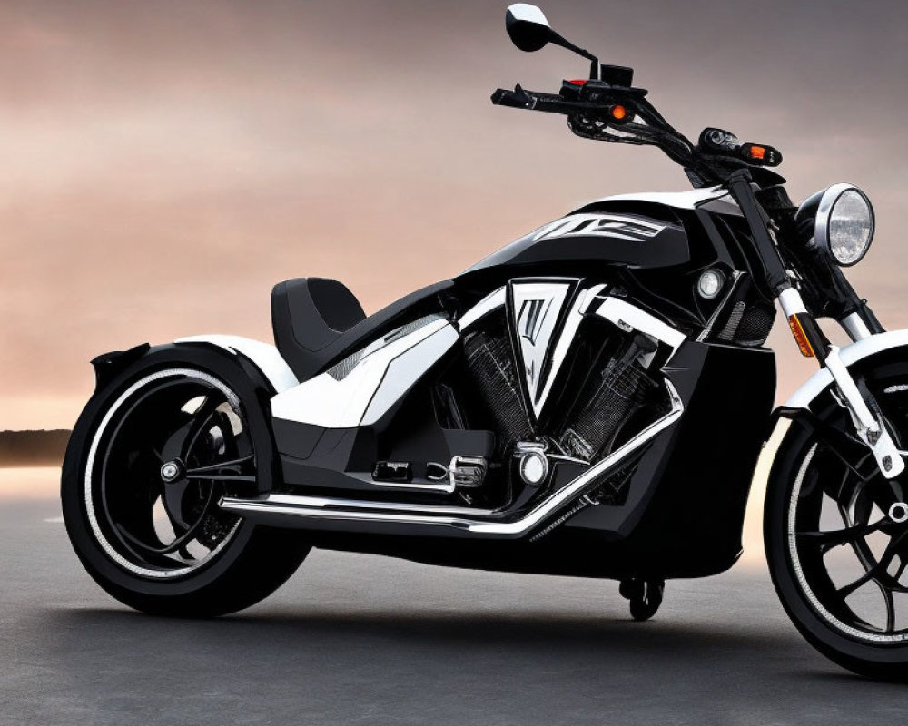 Modern black and white motorcycle with V-shaped motif and futuristic design parked under dusky sky