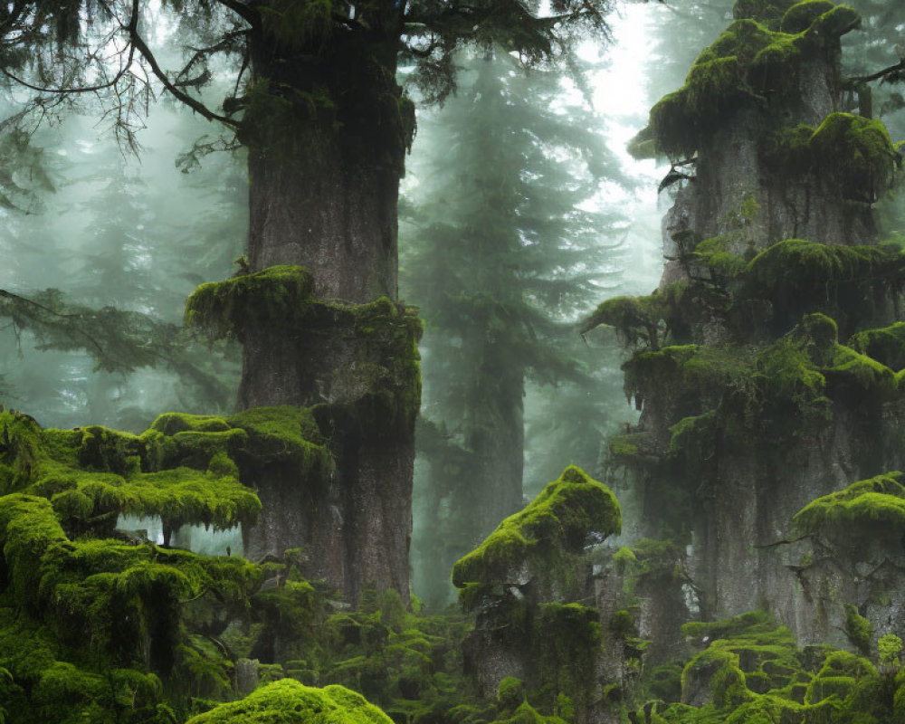 Foggy Forest with Moss-Covered Trees: Serene and Mysterious Environment