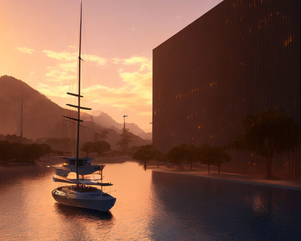 Modern waterfront building with sailing yachts at sunset