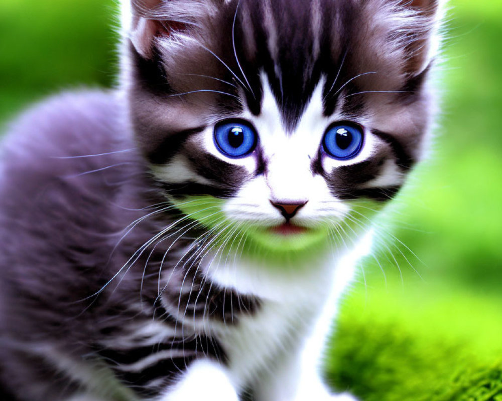 Gray and White Kitten with Blue Eyes on Green Grass