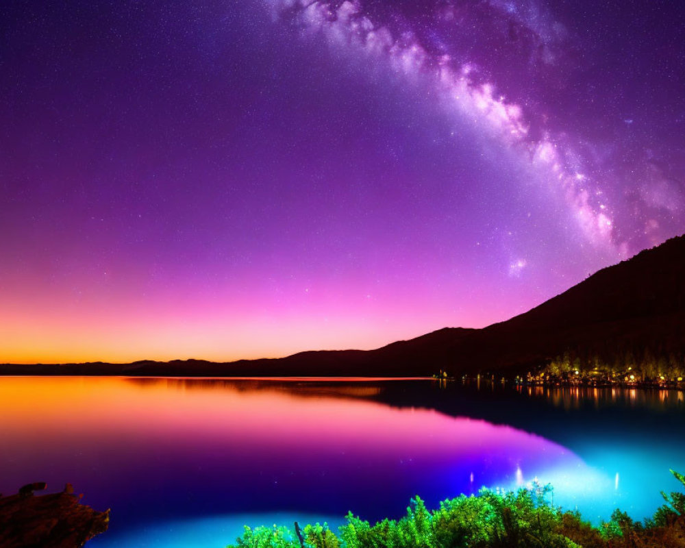 Stunning Milky Way Galaxy over Tranquil Lake at Night