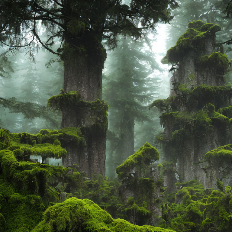 Foggy Forest with Moss-Covered Trees: Serene and Mysterious Environment