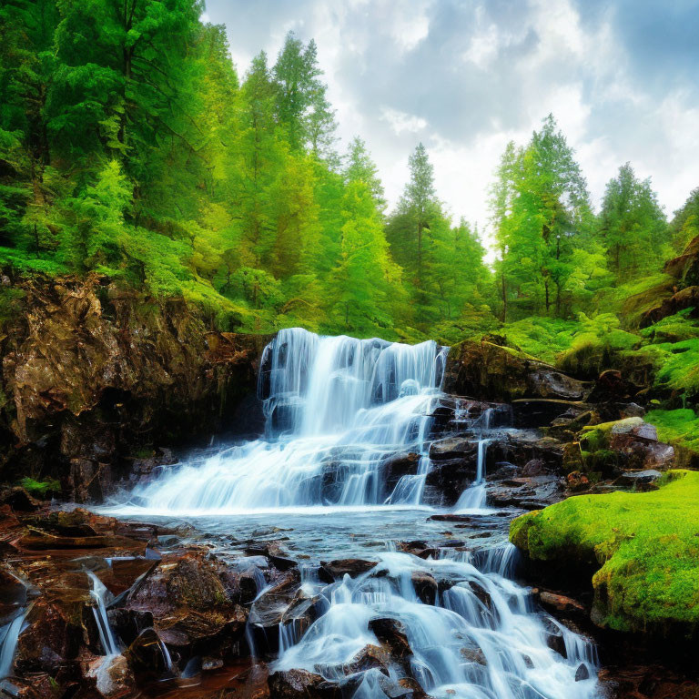 Lush green forest with cascading waterfall and moss-covered rocks