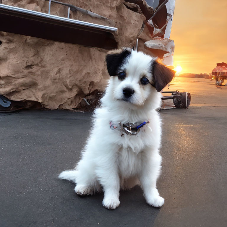 Fluffy white puppy with black patches on road at sunset