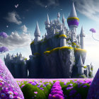 Enchanting fairytale castle on cliff with purple flowers, floating islands, and butterflies