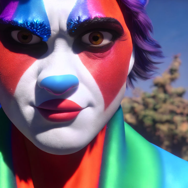 Colorful Face Paint Close-Up with Red, Blue, White, Yellow, and Purple Hair