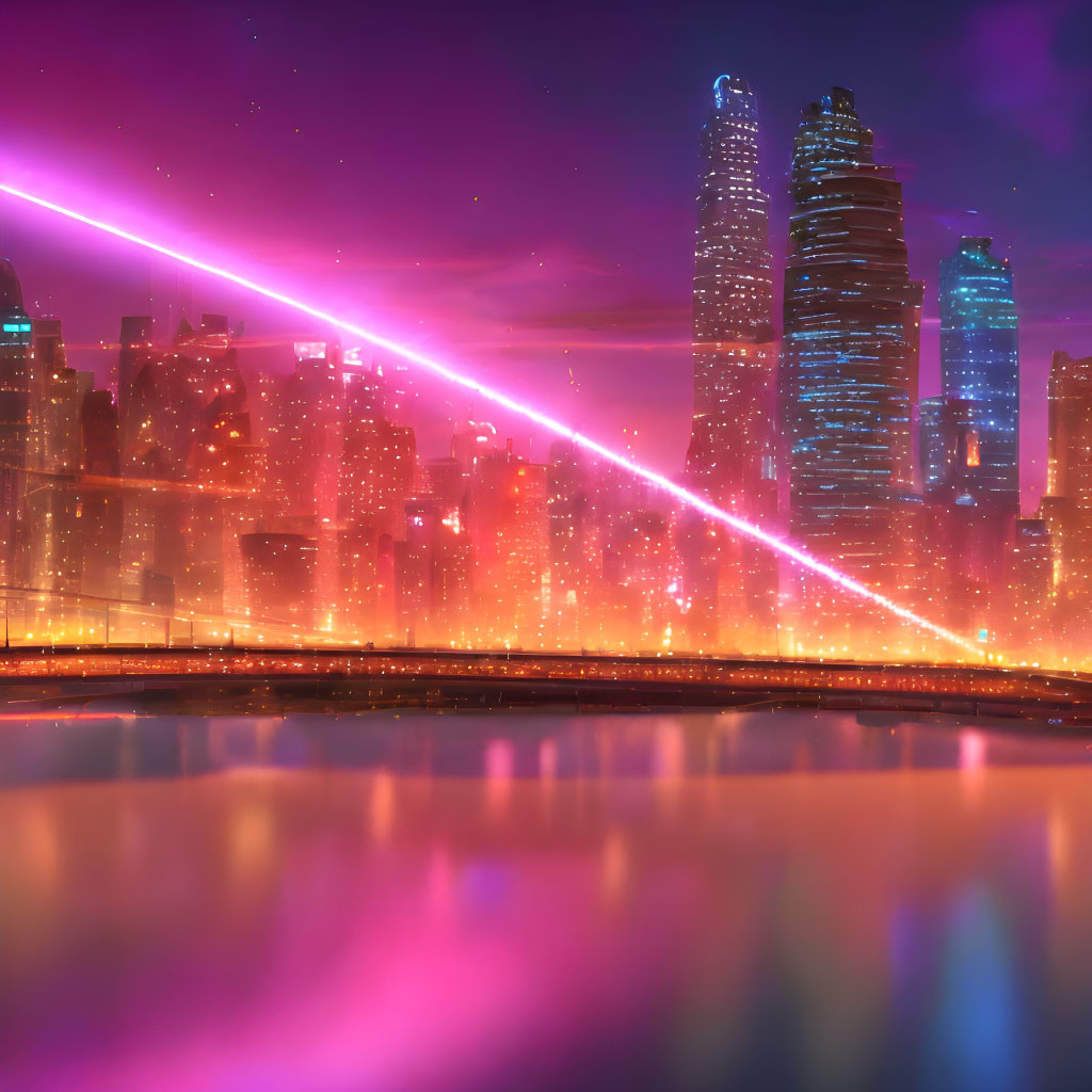 Futuristic city skyline at dusk with neon pink and purple hues and a bright pink laser beam