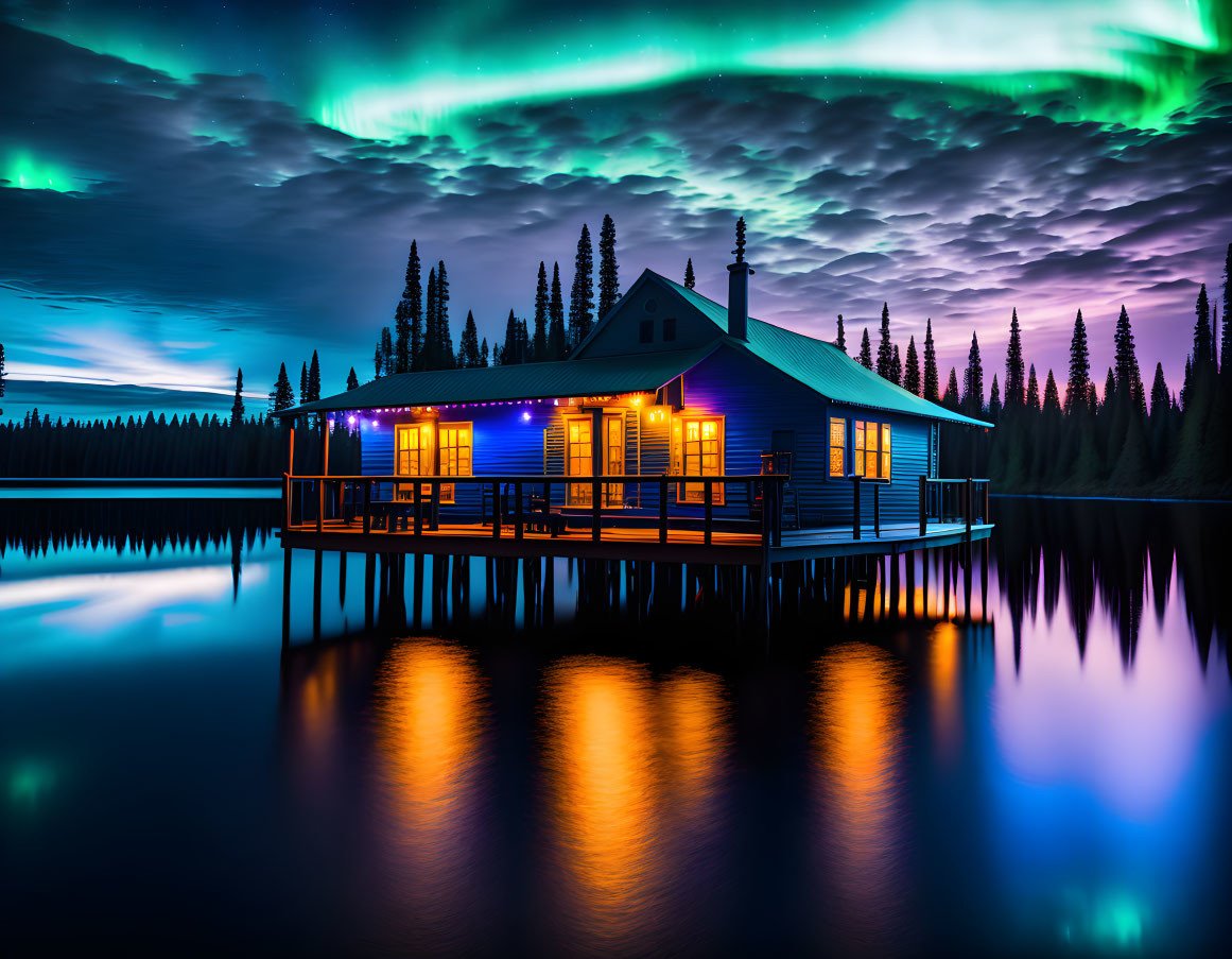 Scenic lakeside house under aurora borealis