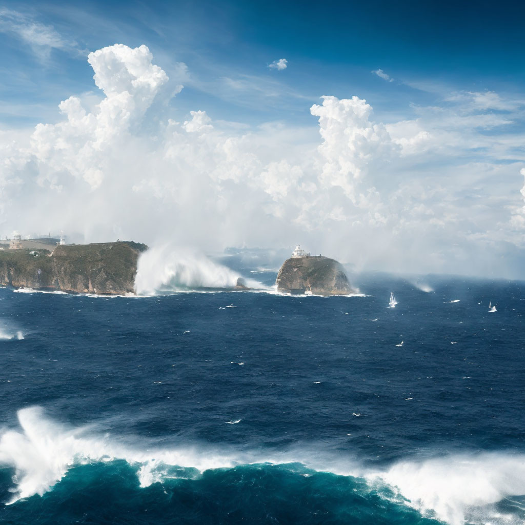 Rugged coastline with lighthouse and tempestuous sea waves.