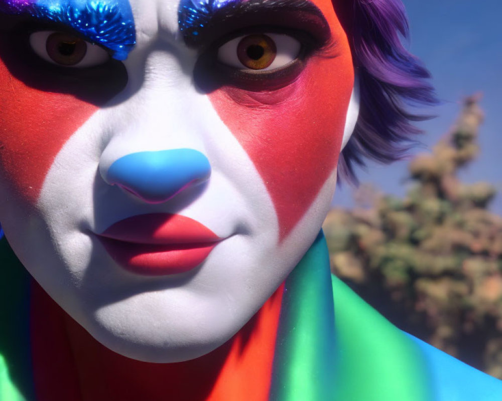 Colorful Face Paint Close-Up with Red, Blue, White, Yellow, and Purple Hair